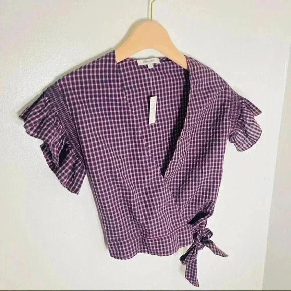 NWT Madewell Flutter Sleeve Side Tie Wrap Top Plaid - Picture 3 of 8